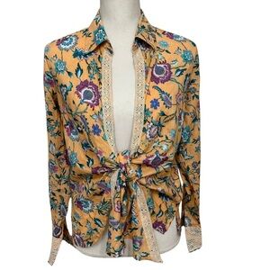 Revolve Pitusa Collared Floral Tie Shirt Multicolor Lace Boho SZ M Crochet NWOT